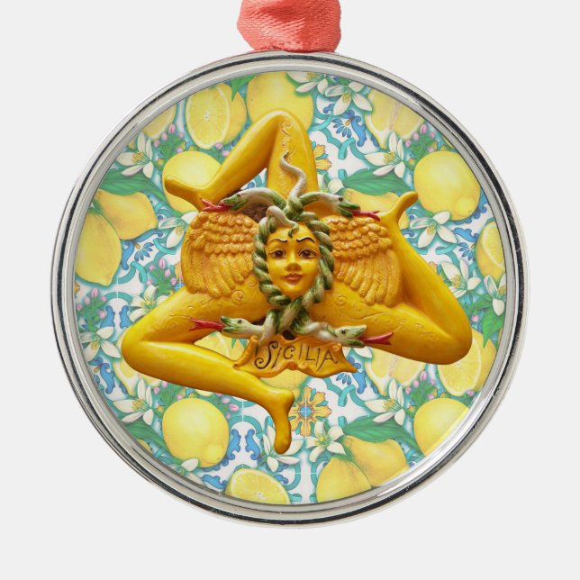 Sicilian Trinacria Italian Pride Lemons on Blue  Metal Tree Decoration (Front)