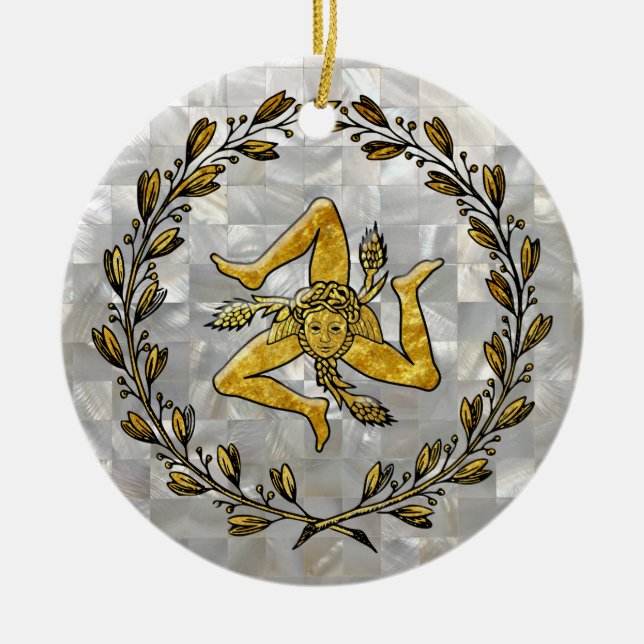 Sicilian Trinacria Mother of Pearl Ceramic Tree Decoration (Front)
