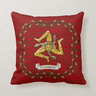 Sicilian Trinacria Olive Wreath Burlap Personalise Cushion