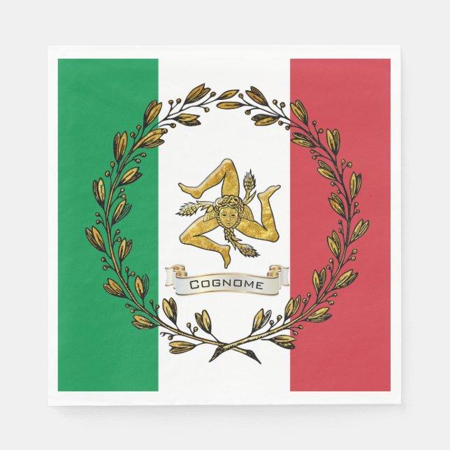 Sicilian Trinacria Olive Wreath Flag Personalise Napkin (Front)