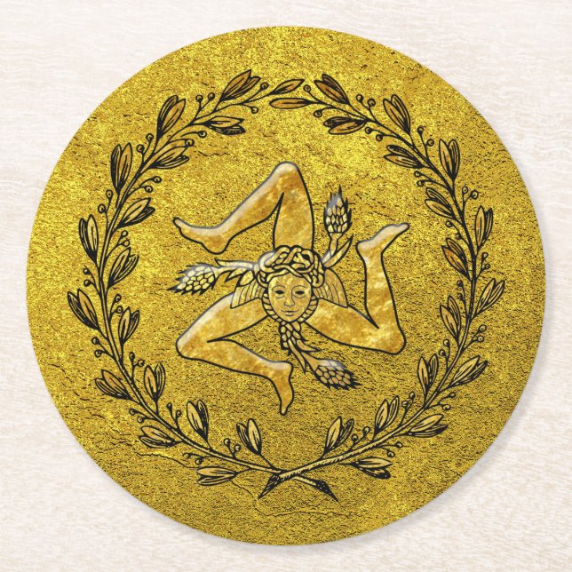 Sicilian Trinacria Olive Wreath Gold Round Paper Coaster (Front)