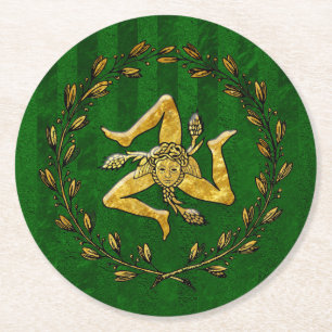 Sicilian Trinacria Olive Wreath Green Stripe Round Paper Coaster