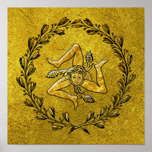 Sicilian Trinacria Olive Wreath in Gold Poster