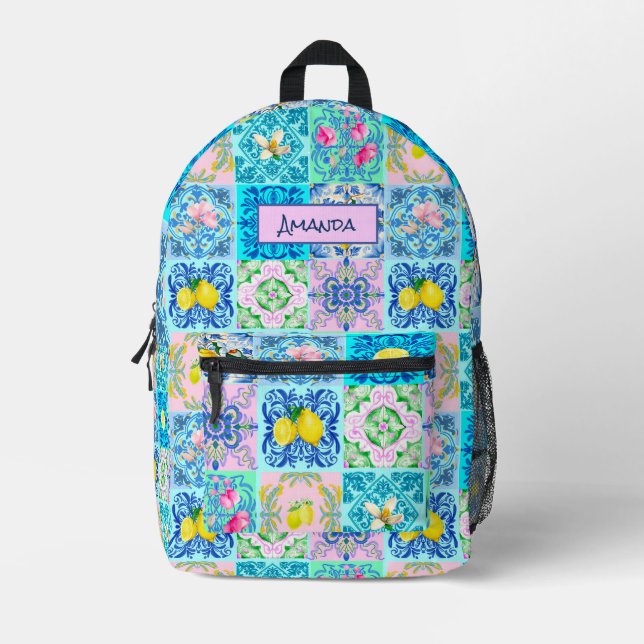 Sicilian turquoise citrus Mediterranean azulejo  Printed Backpack (Front)