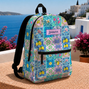 Sicilian turquoise citrus Mediterranean azulejo  Printed Backpack
