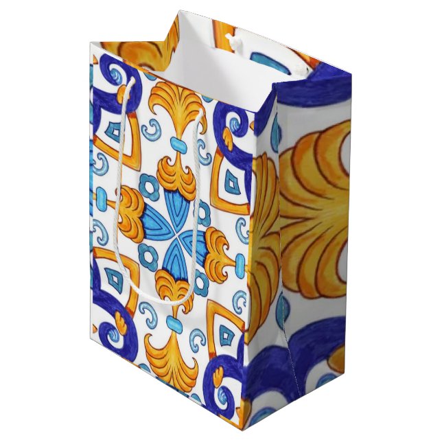 Sicilian Vibrant Majolica Scrollwork Mediterranean Medium Gift Bag (Front Angled)