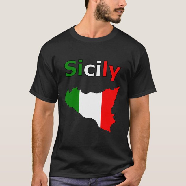 Sicily and Map in Italian Flag Colours T-Shirt (Front)