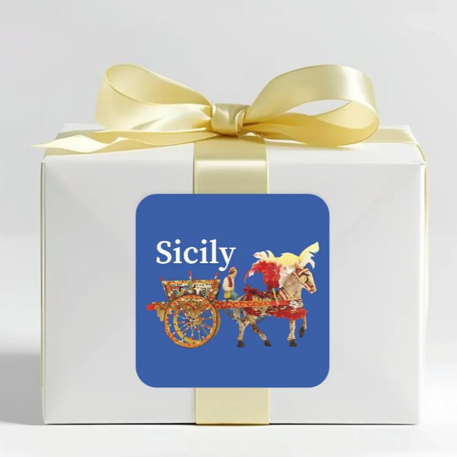 Sicily Cart and Horse Carretto Siciliano Blue Square Sticker (Sicily traditional horse and cart Blue sticker - Sicilian heritage carretto siciliano)