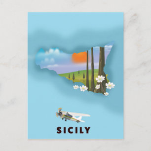 Sicily Illustrated map travel poster Postcard