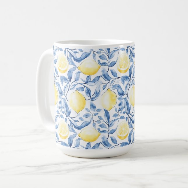 Sicily Italian Rustic Blue Leaves Lemons  Coffee Mug (Front Left)