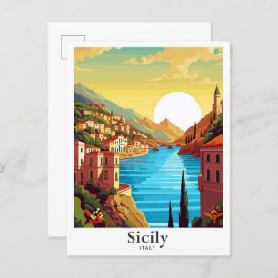 Sicily Italy Art Vintage Travel Illustration Postcard