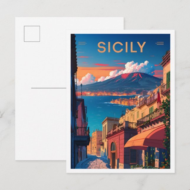 Sicily Italy Art Vintage Travel Illustration Postcard (Front/Back)