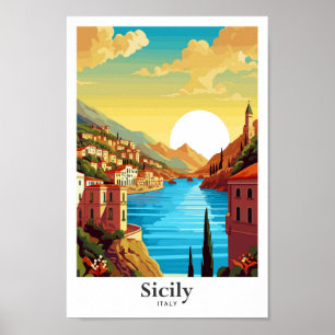 Sicily Italy Art Vintage Travel Illustration Poster