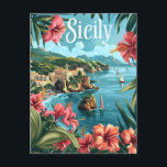 Sicily Italy Postcard<br><div class="desc">A vivid and nostalgic depiction of a tropical beach in Sicily, showcasing the island’s stunning coastal beauty. The design features golden sands, clear turquoise waters, and lush palm trees against a backdrop of serene Mediterranean scenery. Rendered in a vintage style, the artwork evokes the relaxing and exotic allure of Sicily’s...</div>
