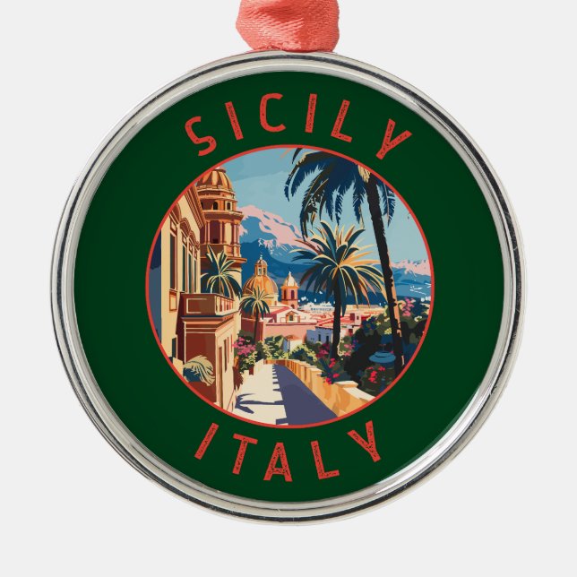 Sicily Italy Retro Distressed Circle Metal Tree Decoration (Front)