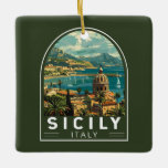 Sicily Italy Travel Art Vintage Ceramic Ornament<br><div class="desc">Sicily retro vector travel design. Sicily,  the largest Mediterranean island,  is just off the "toe" of Italy's "boot." Its rich history is reflected in sites like the Valley of the Temples.</div>