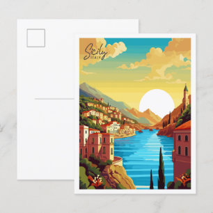 Sicily Italy vintage travel illustration Postcard