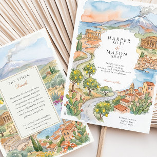 Sicily Italy Watercolor Lemon Mount Etna Wedding Invitation