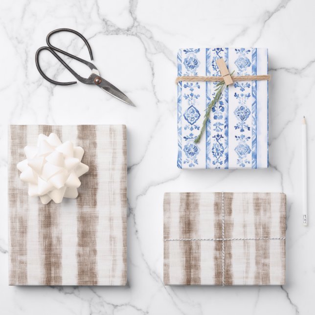 Sicily Rustic Brown Stripes Bridal Shower Wrapping Paper Sheet (Front)