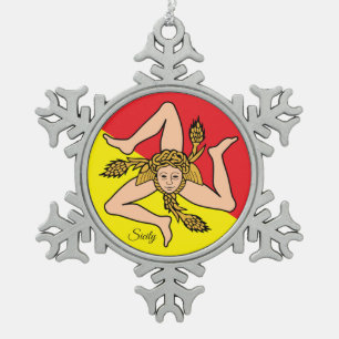 Sicily snowflake, Sicilian Flag Snowflake Pewter Christmas Ornament
