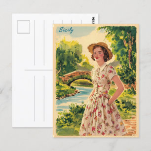 Sicily vintage italian lady in the country 50s postcard