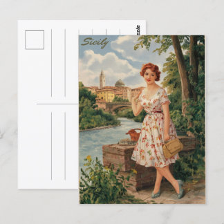Sicily vintage italian lady in the country 50s postcard