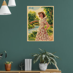 Sicily vintage italian lady in the country 50s poster