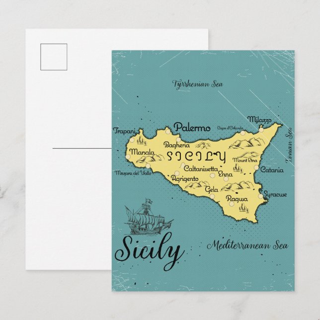 Sicily Vintage Nautical Map Invitation Postcard (Front/Back)