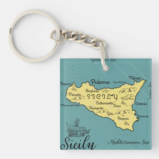 Sicily Vintage Nautical Map Key Ring (Front)