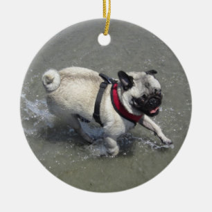 Sid the Pug's Beach Photo - Sid the Puggy Rocket Ceramic Tree Decoration
