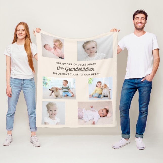 Side by Side Cream 6 Photo Grandchildren Collage Fleece Blanket (In Situ)