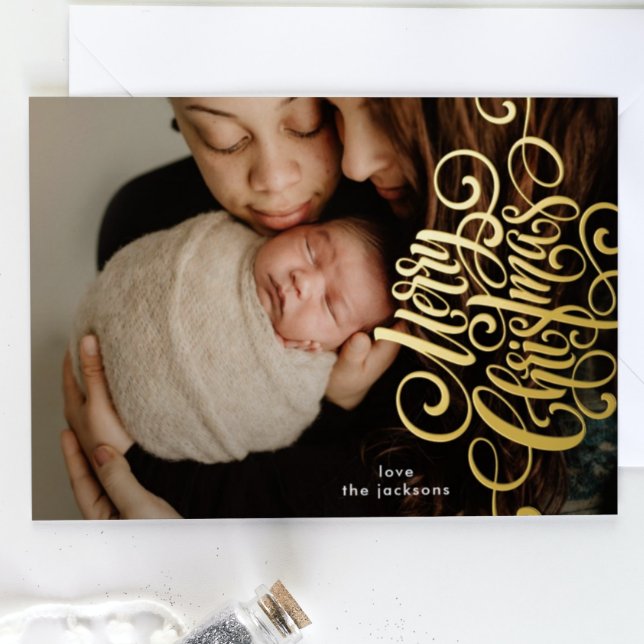 Side Calligraphy Merry Christmas Gold Photo Foil Holiday Card (Creator Uploaded)