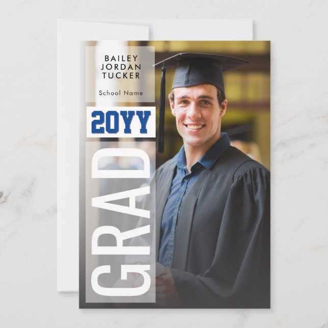 Side GRAD Blue Class Year Full-Photo Graduation Invitation (Front)