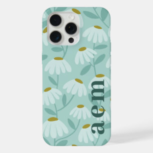 Side Monogram Initials Teal Blue Floral Pattern iPhone 15 Pro Max Case