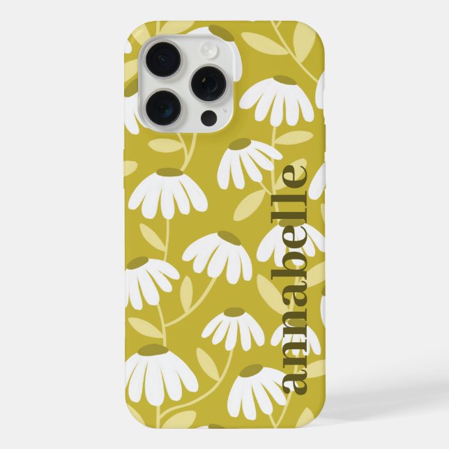 Side Monogram Name Dark Gold Olive Floral Pattern iPhone Case (Back)