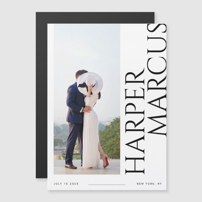 Side Names Modern Photo Save the Date Magnet Card (Front/Back)