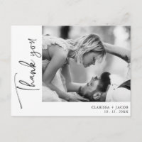 Side Photo Black Script Thank You Wedding Postcard
