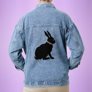 Side Profile Black Silhouette Rabbit Flowers Denim Jacket