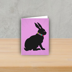 Side Profile sitting Black Rabbit Flowers Pink Eye Card