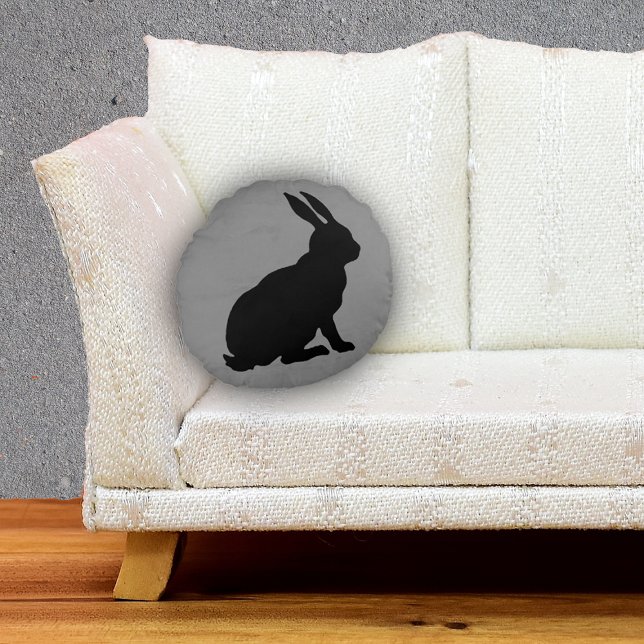 Side Profile Sitting black Rabbit Marbled Grey Round Cushion (black silhouette bunny rabbit sitting on mottled grey round throw decorative pillow.)