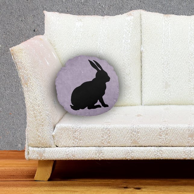Side Profile Sitting black Rabbit Marbled Purple Round Cushion (Sitting black silhouette bunny rabbit on marbled purple round throw decorative pillow.)
