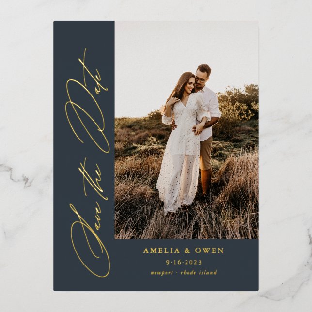 Side Script Minimalist Modern Photo Wedding Foil I Invitation Postcard (Front)