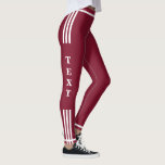 Side Stripe Red Leggings Custom Text and Colour<br><div class="desc">Personalised Design Your Own Custom Text and Colours White Side Stripe Dark Red Leggings Example by MIGNED - Add Your Text / Name - or Choose / add your favourite leggings / elements and text colours / font / size - Resize and move or remove and add text / elements...</div>