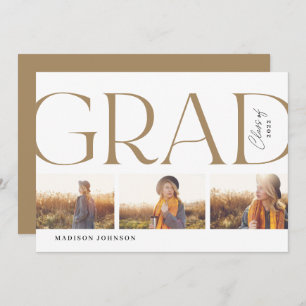 Side Typography Graduation 2022 3 Photo Party Gold Invitation