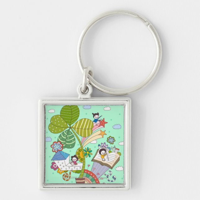 Side view of children studying by potted plant key ring (Front)
