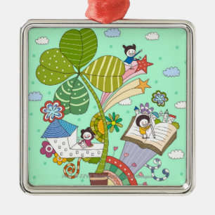 Side view of children studying by potted plant metal tree decoration