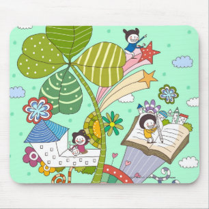 Side view of children studying by potted plant mouse mat