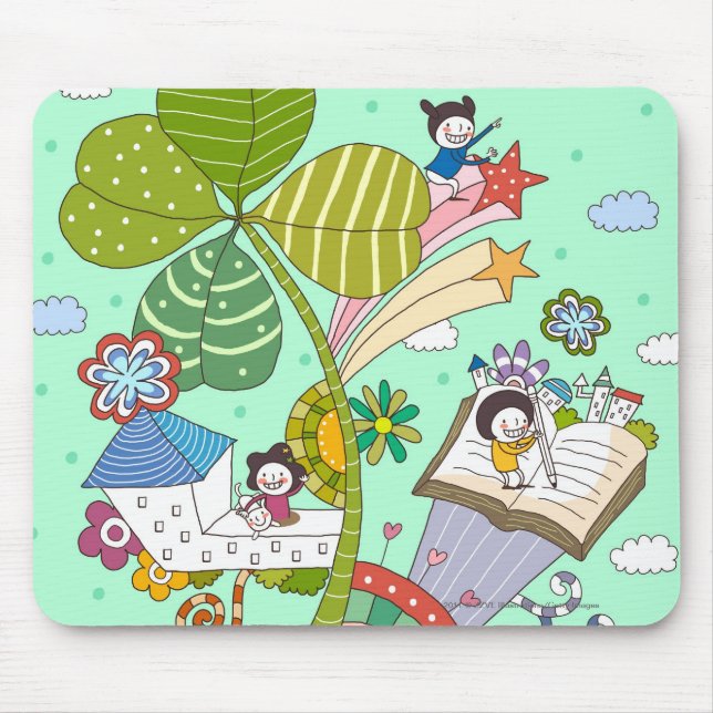 Side view of children studying by potted plant mouse mat (Front)