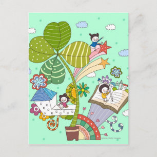 Side view of children studying by potted plant postcard