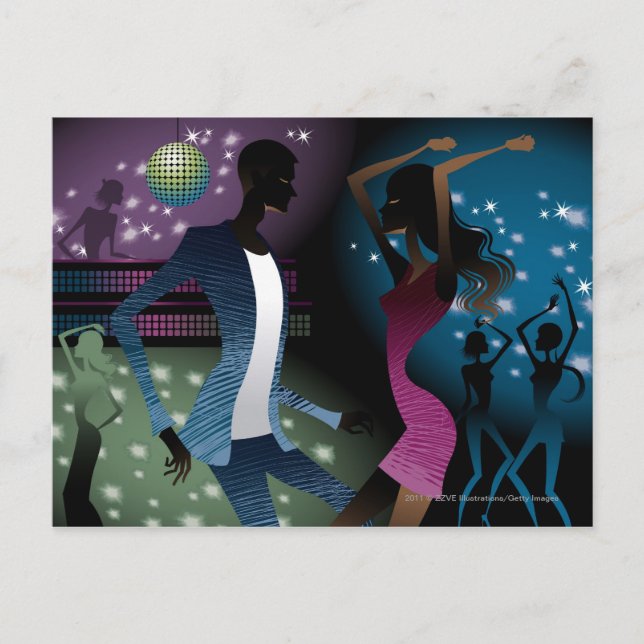 Side view of people dancing by microphone postcard (Front)